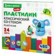 Пластилин классический BRAUBERG KIDS, 24 цвета, 480 грамм, стек, ВЫСШЕЕ КАЧЕСТВО