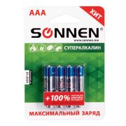 Батарейки SONNEN, AAA (LR03), КОМПЛЕКТ 4шт., СУПЕРАЛКАЛИН