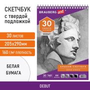 Скетчбук, белая бумага 160 г/м2, 205х290 мм, 30 л., гребень, жёсткая подложка, BRAUBERG ART DEBUT