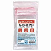Пакеты с замком ZIP LOCK «зиплок», комплект 100 шт., 70х100 мм, ПВД, толщина 35 микрон, BRAUBERG, 606208